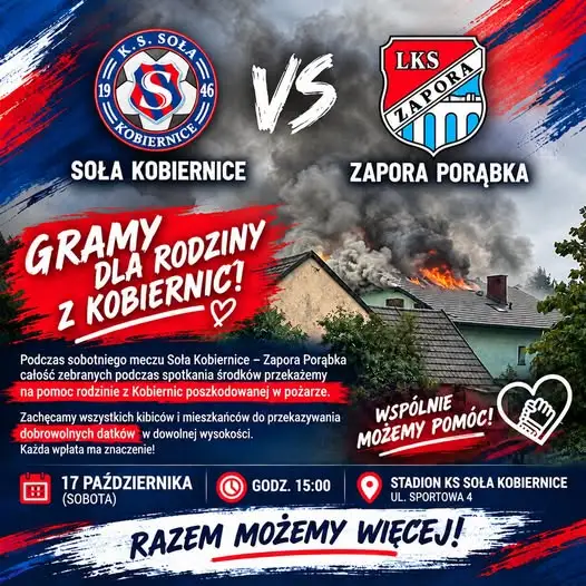 Soła Kobiernice gra dla rodziny poszkodowanej w pożarze – zbiórka podczas derbów
