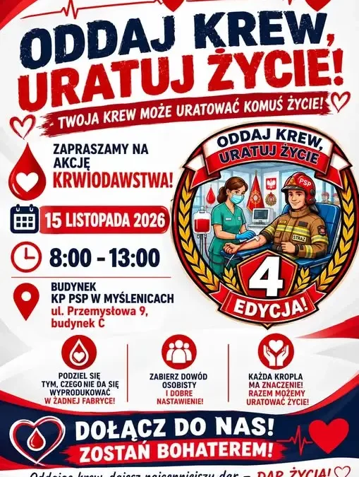Strażacy z Myślenic organizują 4. edycję akcji krwiodawstwa – 15 listopada oddaj krew!