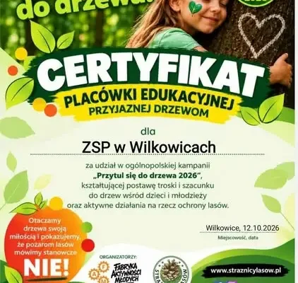 Szkoła z certyfikatem za udział w kampanii „Przytul się do drzewa”