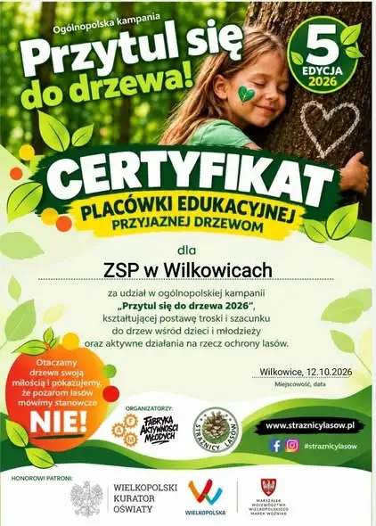 Szkoła z certyfikatem za udział w kampanii „Przytul się do drzewa”