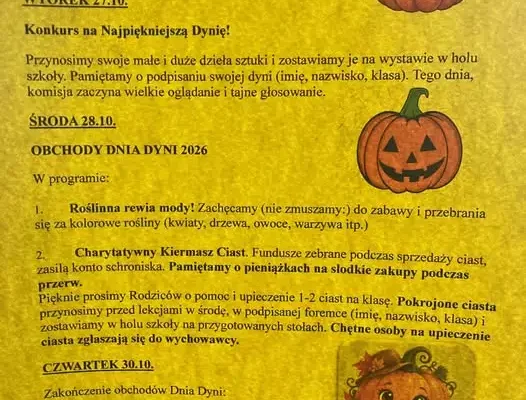 Dzień Dyni 2026 w Szkole Podstawowej nr 18 w Bielsku-Białej – program obchodów