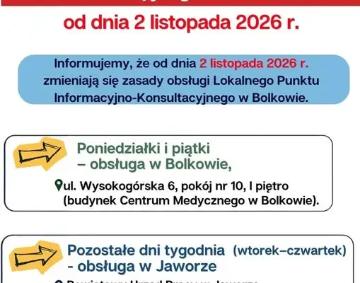 Zmiany w obsłudze Lokalnego Punktu Informacyjno-Konsultacyjnego w Bolkowie od 2 listopada